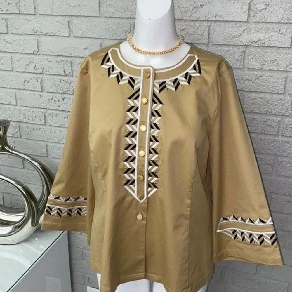 Bob Mackie Women Tan Embroidery Wearable Art Jacket Size L